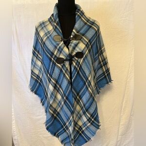 Blue Plaid Toggle Poncho Cape Fringe Hem Cozy Blanket Wrap Shawl OS